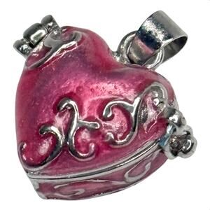 Pink Heart Locket Pendant For Necklace Hinged Container Enamel Silver Keepsake